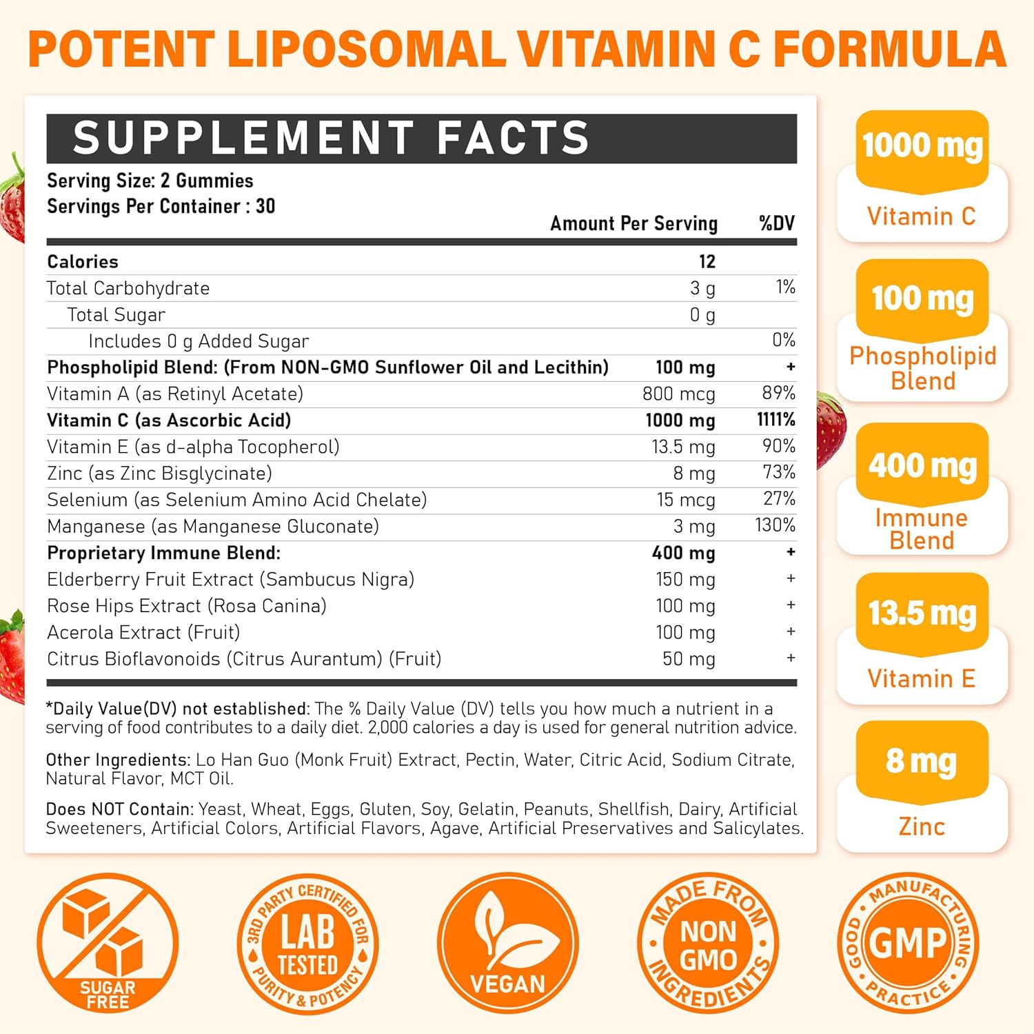 Liposomal Vitamin C Gummies 1000mg for Adults: Vitamin C Chewable Gummy with Zinc, Elderberry, Vitamins A & E - Image 2