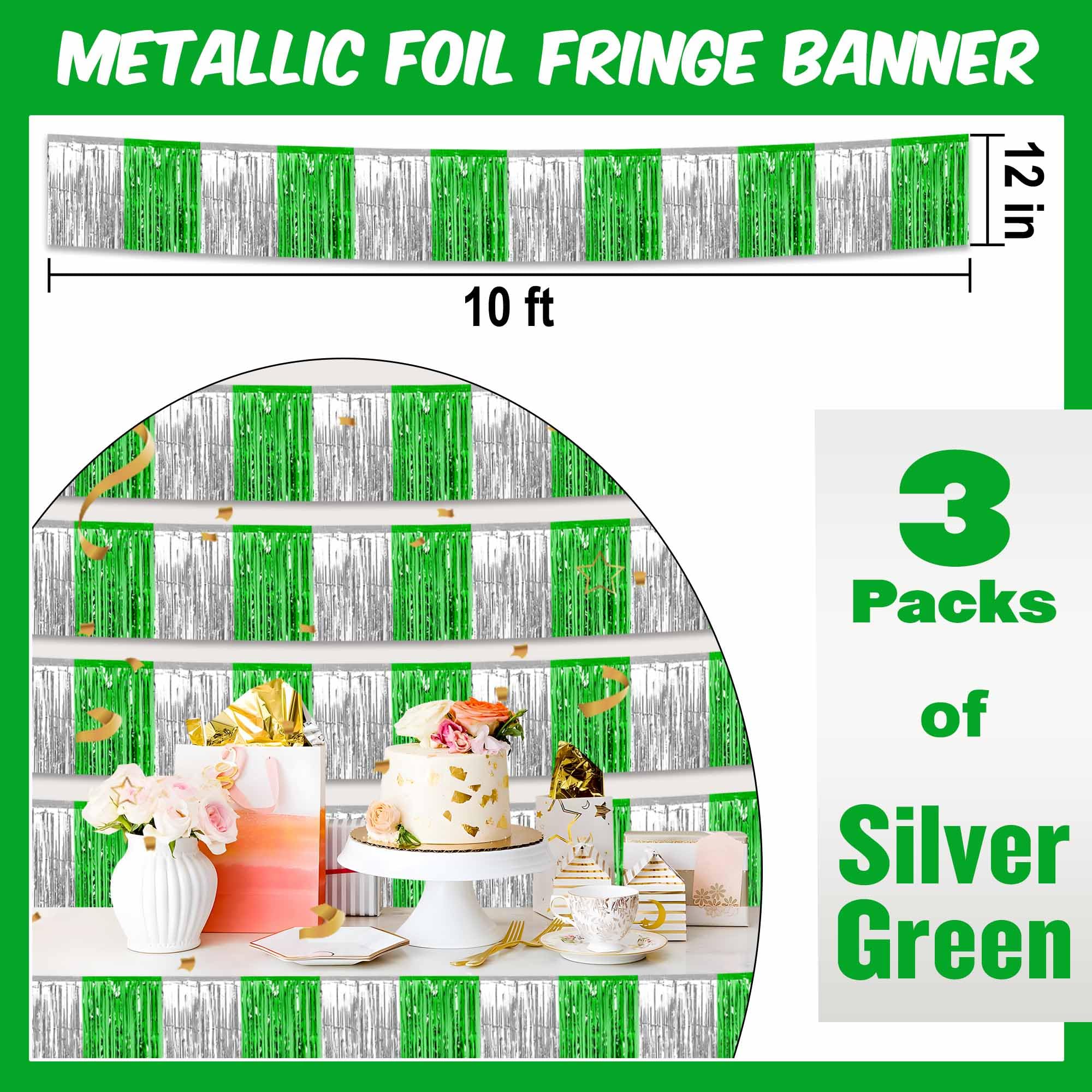 Paquete de 3 guirnaldas de flecos de papel de aluminio plateado y verde de 10 pies, guirnalda metálica para colgar en la pared para flotadores de desfile, cabina de fotos, Halloween, Navidad, Año