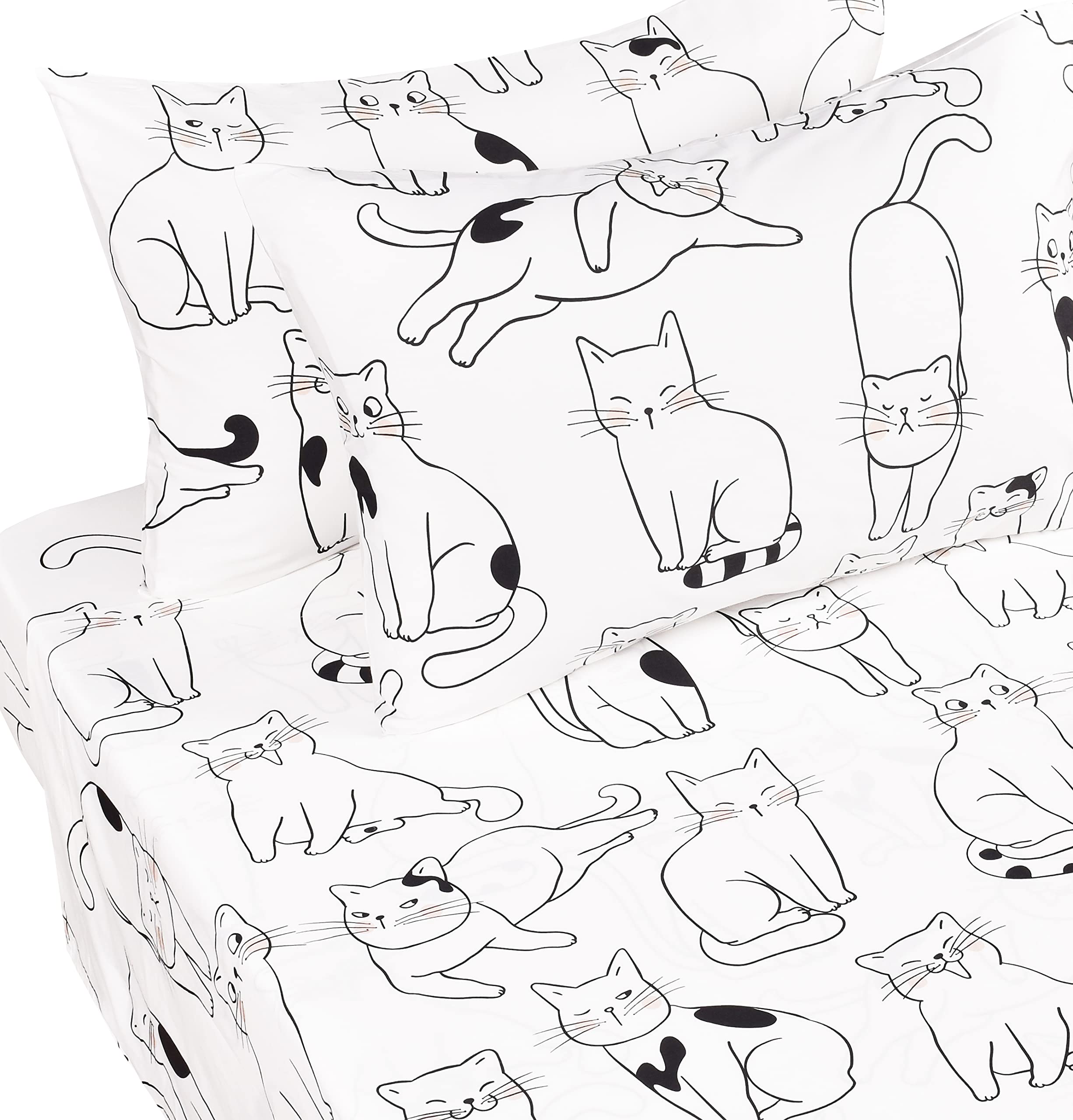 J pinno Jogo de lençol solteiro com 3 peças de gato gatinho fofo e divertido 100% algodão + lençol com elástico + jogo de cama com fronha - Twin - 28
