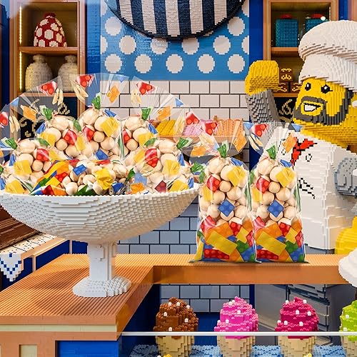 Miniatura 4 de 100 bolsas de celofán con bloques de construcción, suministros para fiesta de cumpleaños, bolsas de dulces con 100 lazos plateados para recuerdos de