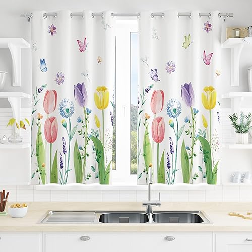 2 paneles de cortina de cocina de tulipán de mariposa con bolsillo para barra, cortinas florales de primavera para decoración del hogar, sala de