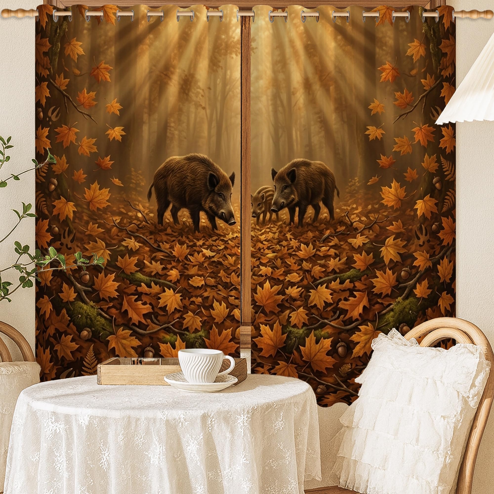 Rideaux occultants motif forêt automnale pour créer un salon cocooning