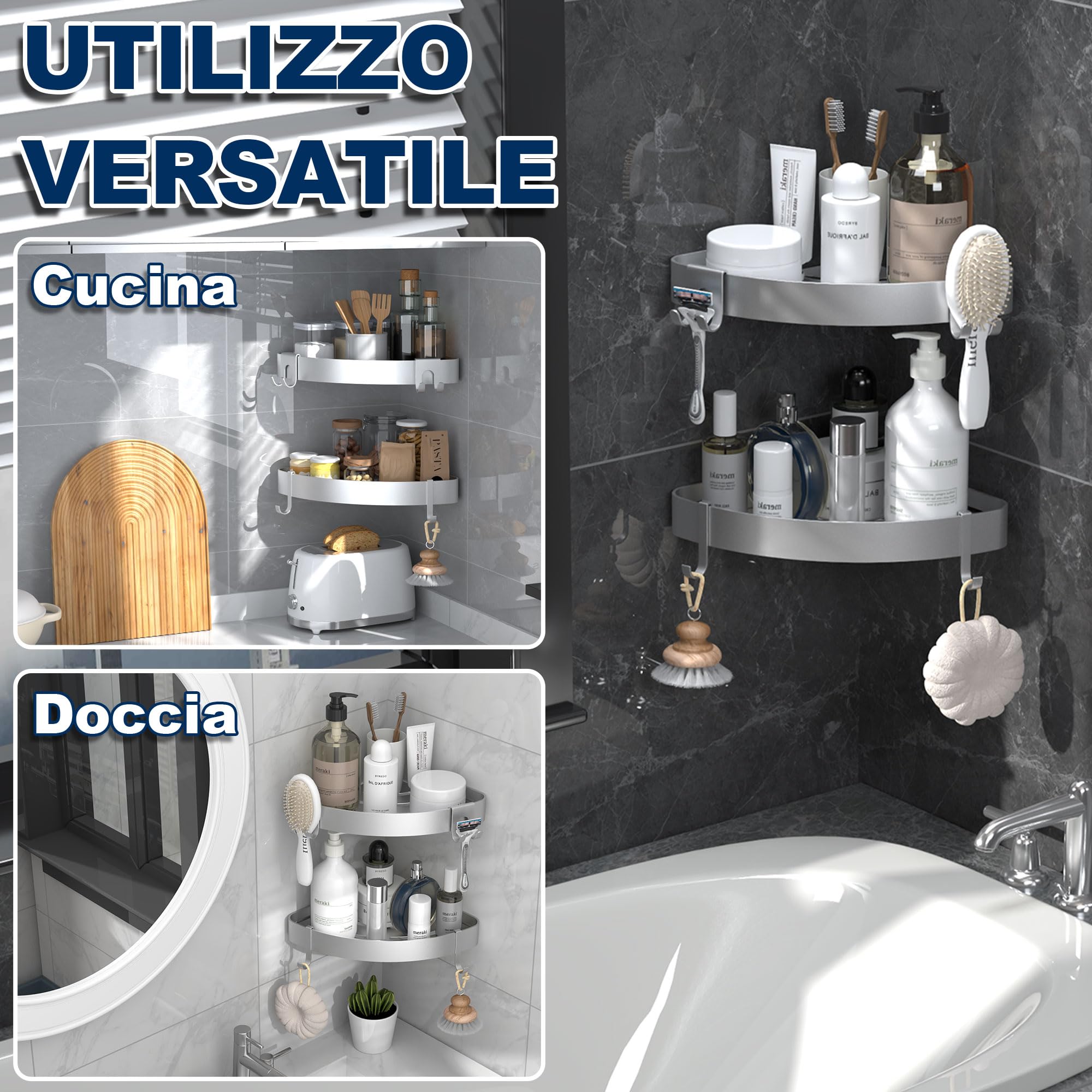Mensola Doccia Angolare Senza Fori | Porta Shampoo In Acciaio Inox Con Adesivo Forte, 2 Pezzi - Foto 4