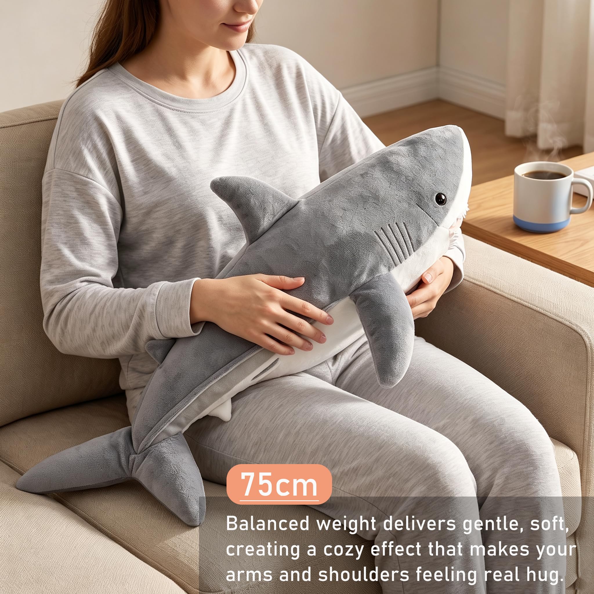 Jouet en Peluche lesté Requin Animal Micro-ondable Mignon Super Doux Oreiller Poupée de Compagnie Chaud ou Froid Cadeau pour Tous Les âges Enfants Adolescents et Adultes 75cm 4,4 LB