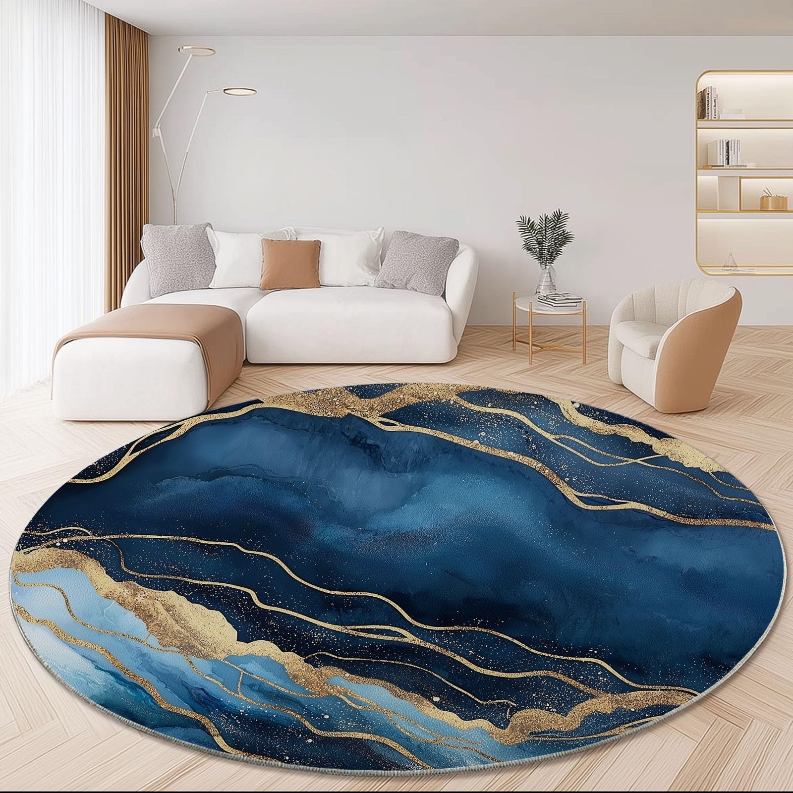 Générique Tapis Rond antidérapant à Motif Vagues Océaniques Abstraites, Lavable en Machine - pour Chambre à Coucher Salon Cuisine - Décoration d'intérieur - 150 cm Bleu Or