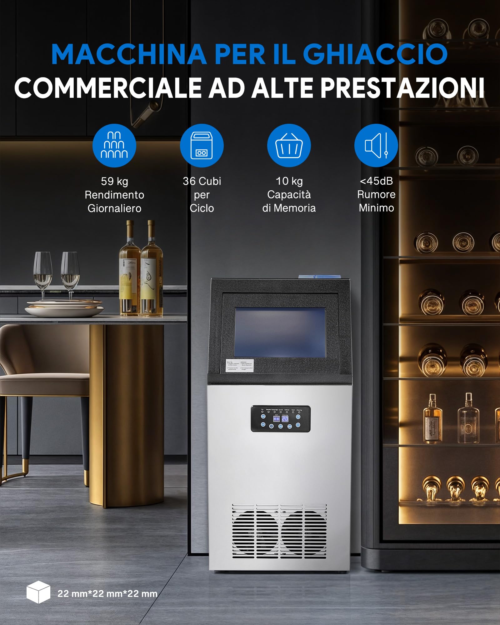 CREWORKS Macchina Ghiaccio Professionale 59kg/24h in Acciaio Inox | Stoccaggio 10kg 36 Cubetti/Ciclo Schermo LCD Autopulente Fabbricatore Ghiaccio Commerciale per Casa Ufficio Ristorante Bar
