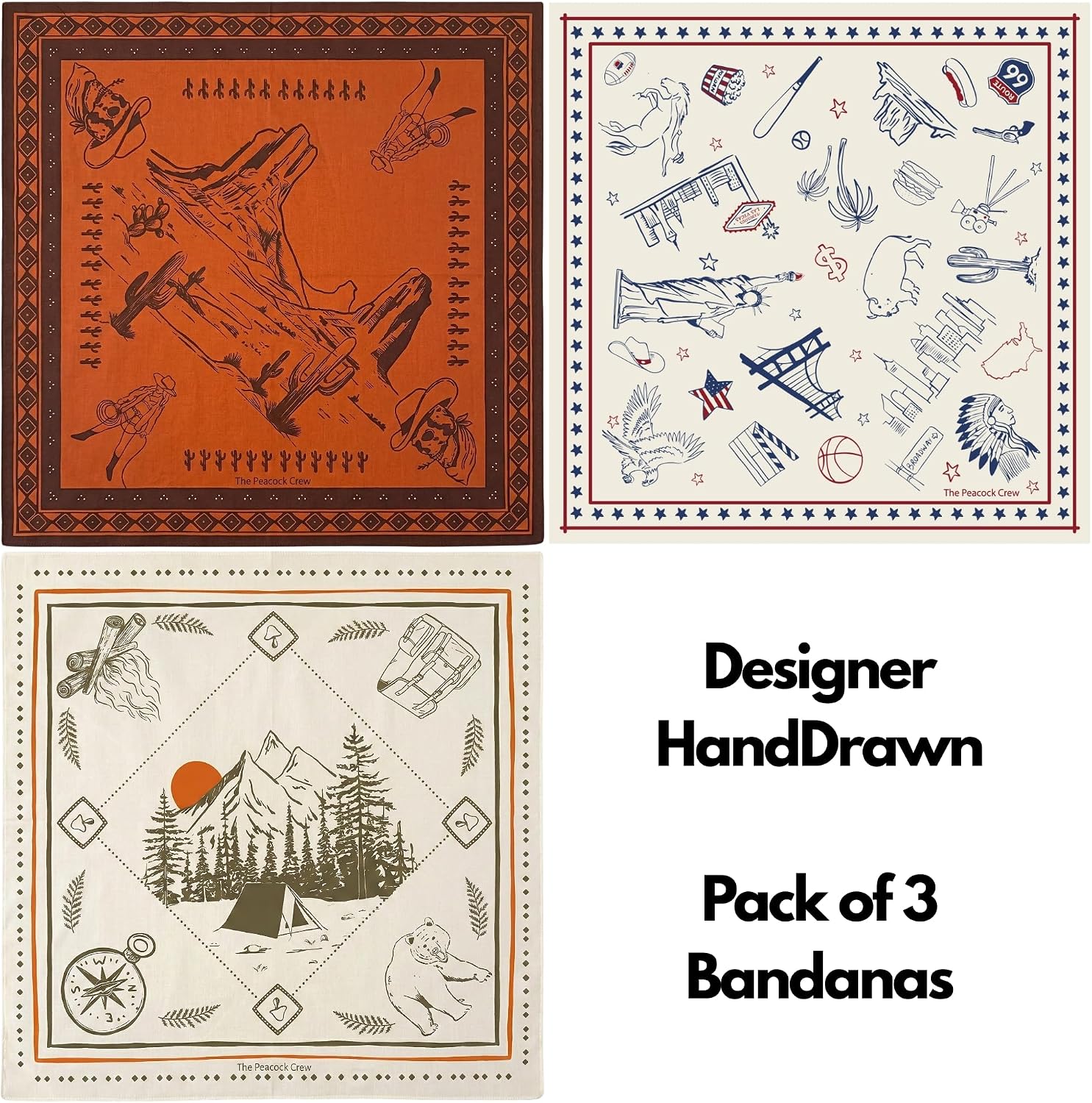 The Peacock Crew Designer Bandanas Packs 22x22 Inch – Cotton Handkerchiefs – Variety Set for Men & Women