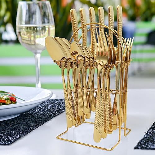 Miniatura 7 de Juego de cubiertos dorados, 24 piezas de cubiertos dorados para 6, juego de cubiertos pulidos con espejo, juego de vajilla para comer en el hogar,