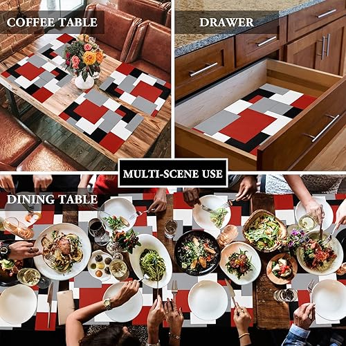 Miniatura 6 de Juego de 6 manteles individuales geométricos modernos de mediados de siglo, color rojo nórdico abstracto, para comedor, mesa de comedor, lavable,