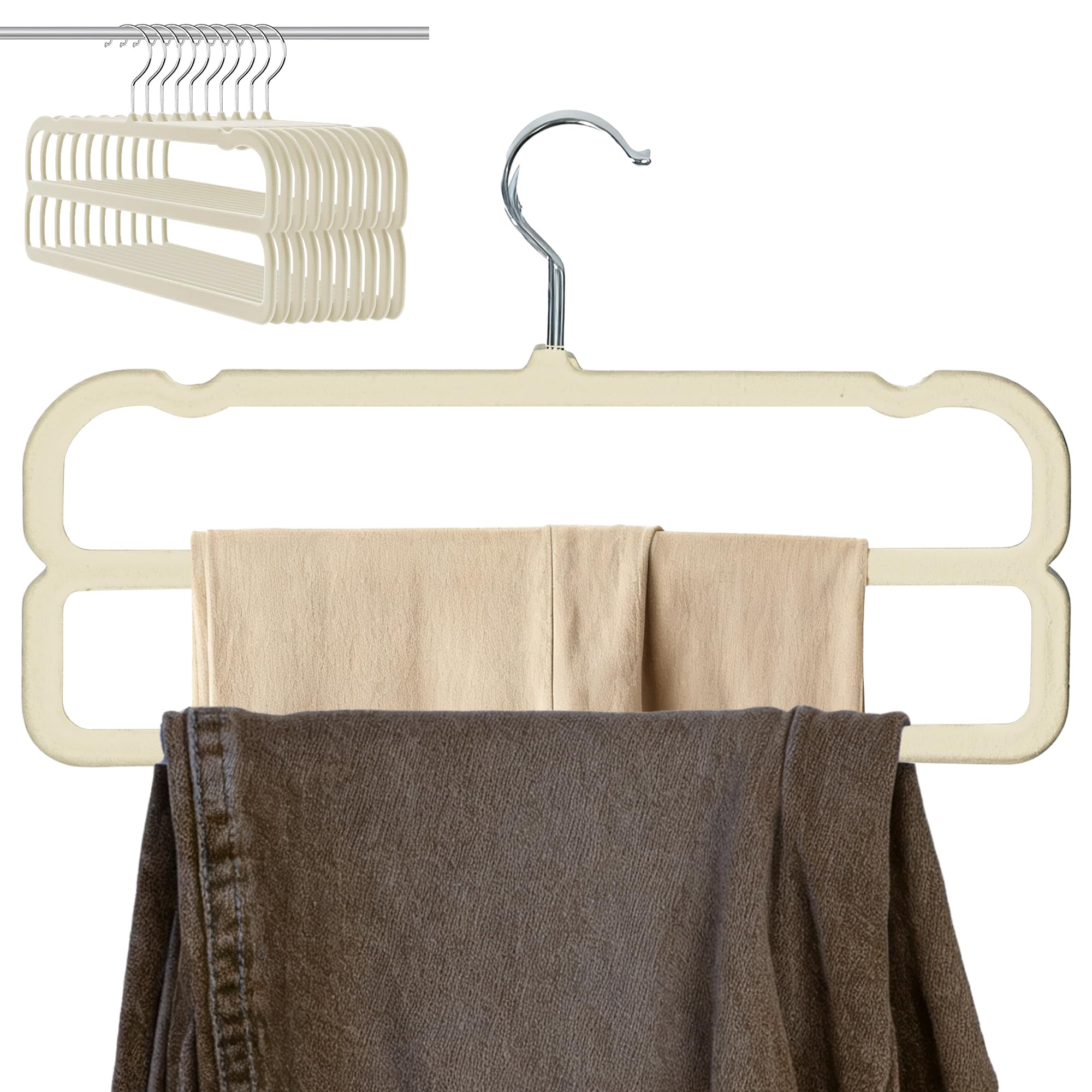 HGYZE Hosenbügel aus Samt, doppellagig, mit Rutschfester Stange, 10 Stück, Filz-Hosenbügel, 2 Etagen, platzsparend, mit 360° drehbarem Haken für Kleider, Shorts, Jeans, Slack, Beige
