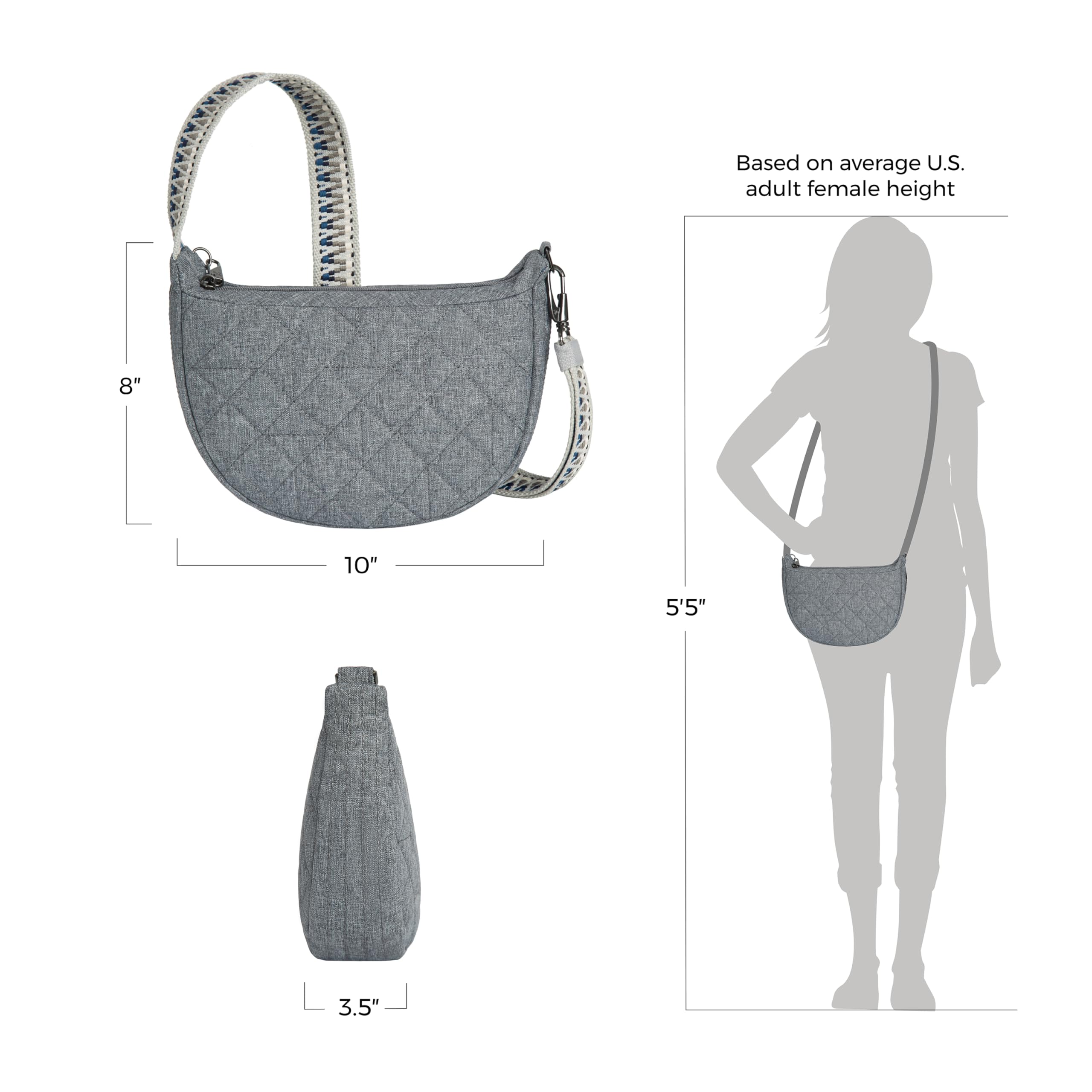 Travelon Unisex Boho antykradzieżowy półksiężyc crossbody, szary wrzos, Szary wrzos