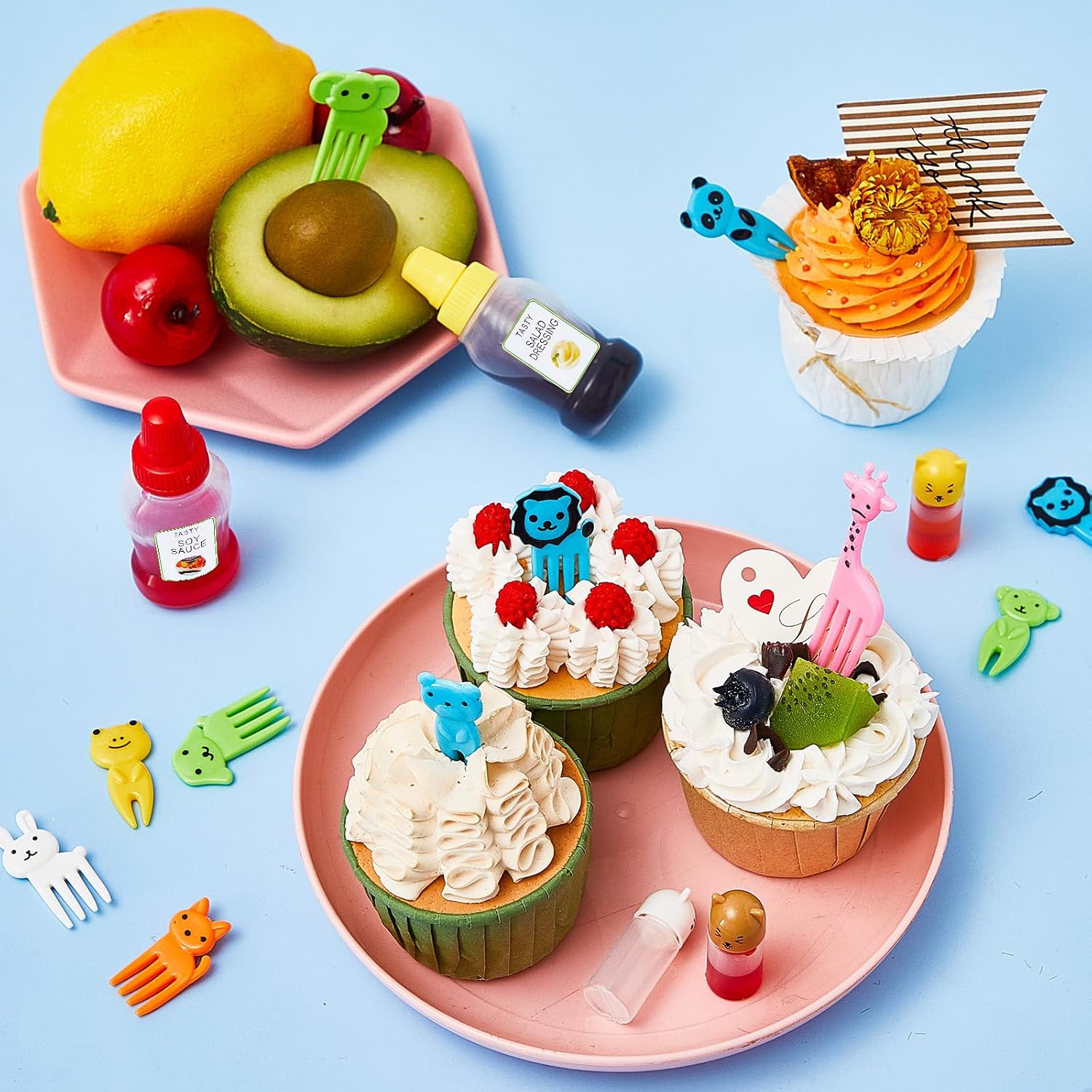 26 Pcs Lunch Bento Soy Sauce Case Containers, 5 Mini Condiment Squeeze Bottles with Dropper and 20 Animal Food Picks for Kids School Lunch Box, Back to School Accessories(Stylish Style)