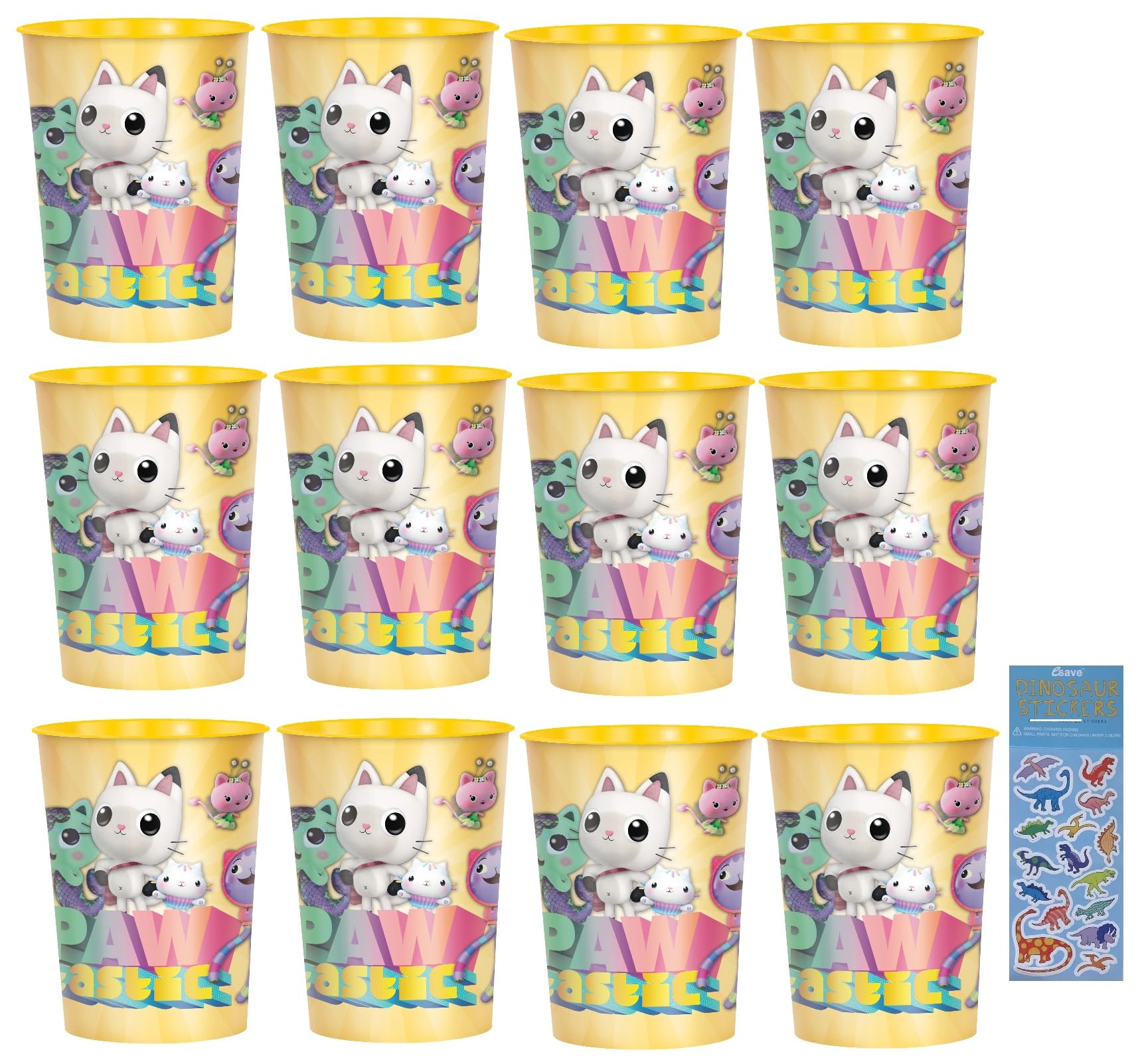 Amscan Gabbys Birthday Party Supplies Bundle Set includes Plastic Reusable 16oz Cups - 12 Plastic Cups and 1 Dinosaur Sticker Sheet