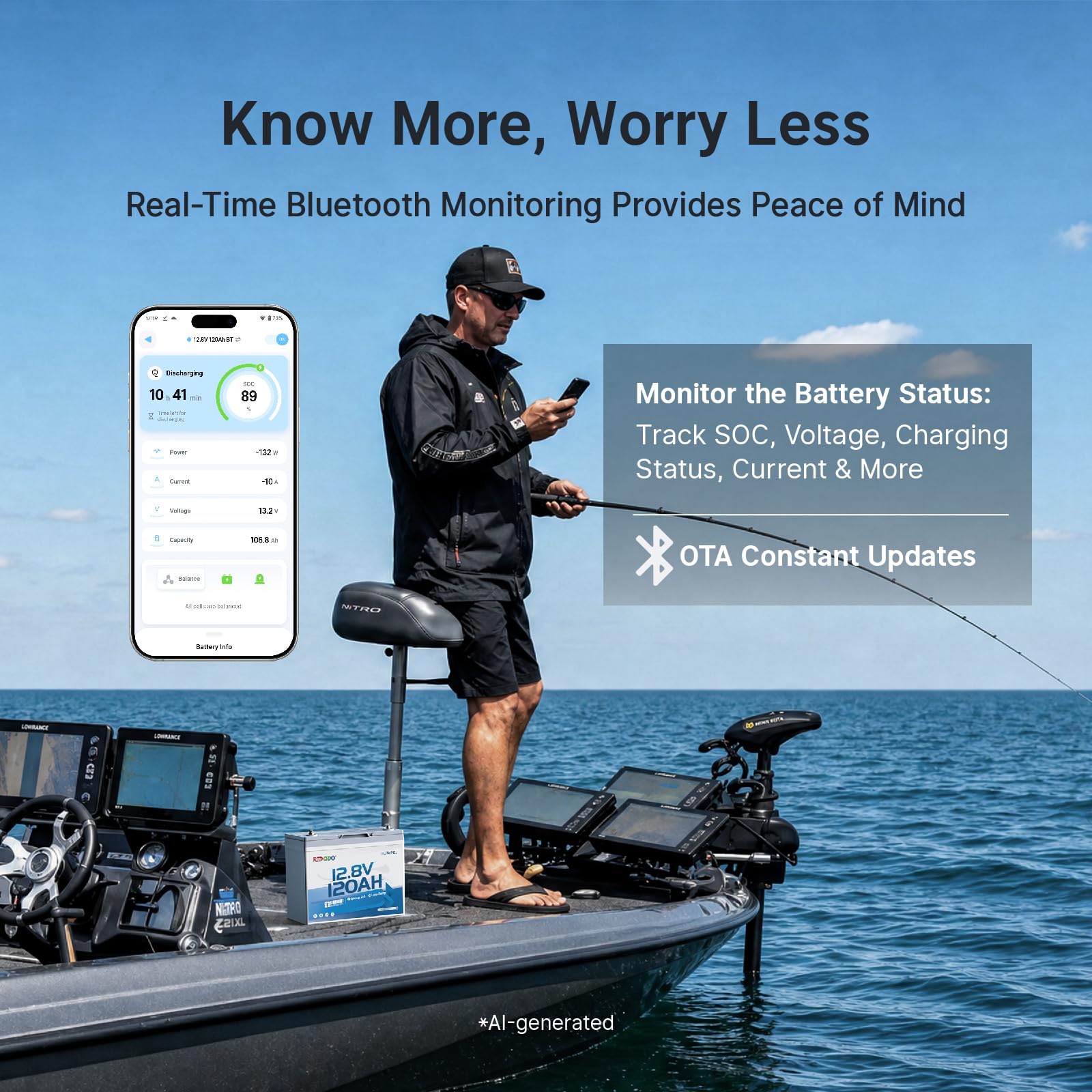Redodo 12V 100Ah Group24 Batteria Litio con Bluetooth, Basse Temperature | Batteria LiFePO4 con BMS 120A, 1536W, IP65 Impermeabile, 4000 Cicli, 10 Anni di Vita per Trolling Motor(20~70lb)