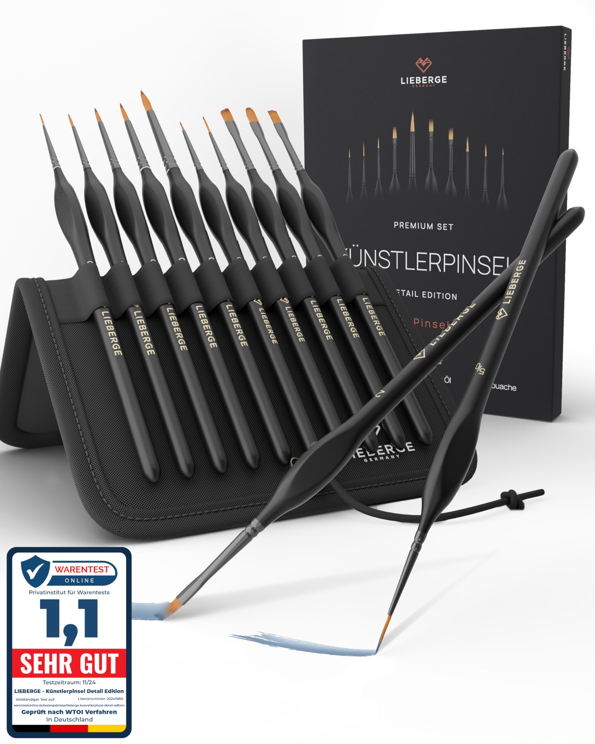 LIEBERGE Premium Detail Pinselset Acrylfarben – 10 extra feine Pinsel für höchste Präzision – Acryl Pinsel, Aquarellpinsel, Modellbau (10)