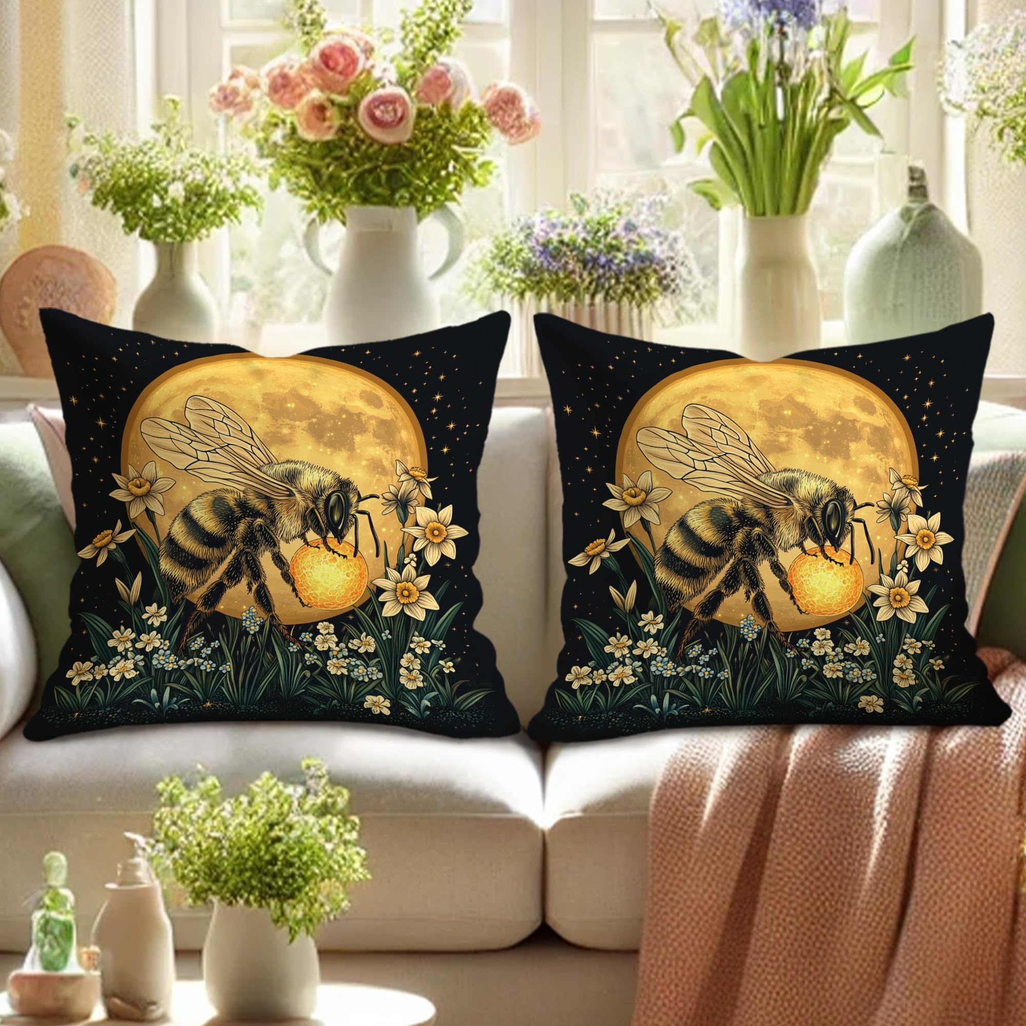 Set di 2 federe per cuscini a tema ape, decorative, motivo floreale