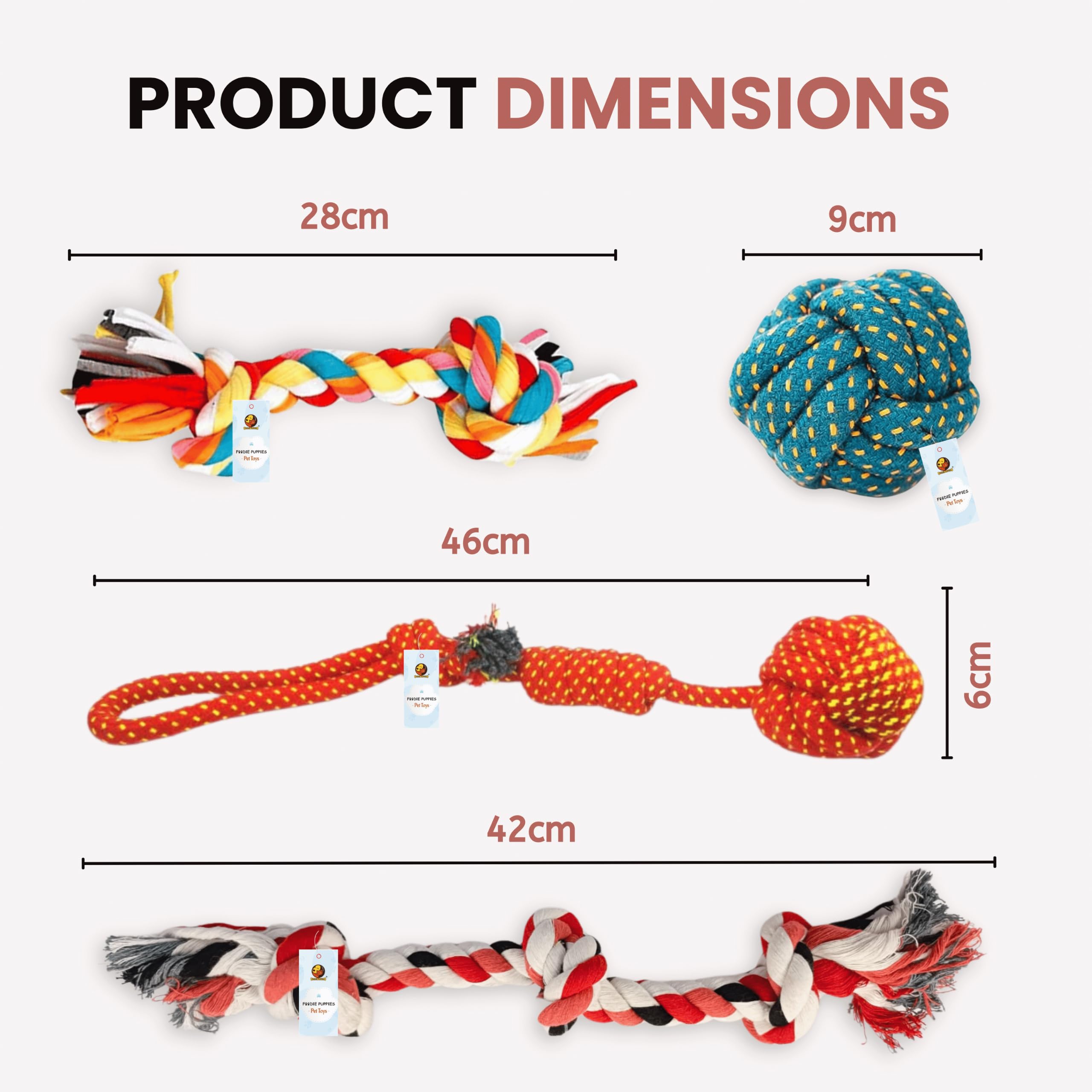 Foodie Puppies Dog Rope Combo of 4 Chewing Teething Fetching Durable Toys for Puppies and Small to Medium Size Dogs (2Knot + 3Knot + Ball + 2Knotball) (Color May Vary)