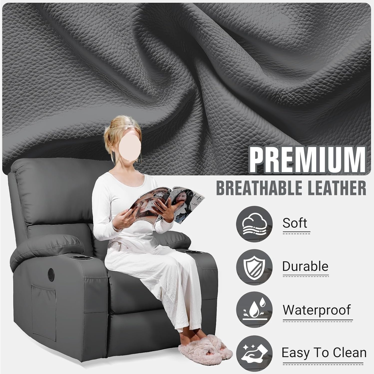 Massage Rocker Recliners Chairs with Vibration Heat USB and Type-C Ports 360 Swivel Faux Leather Recliner Chair for Living Room Bedroom