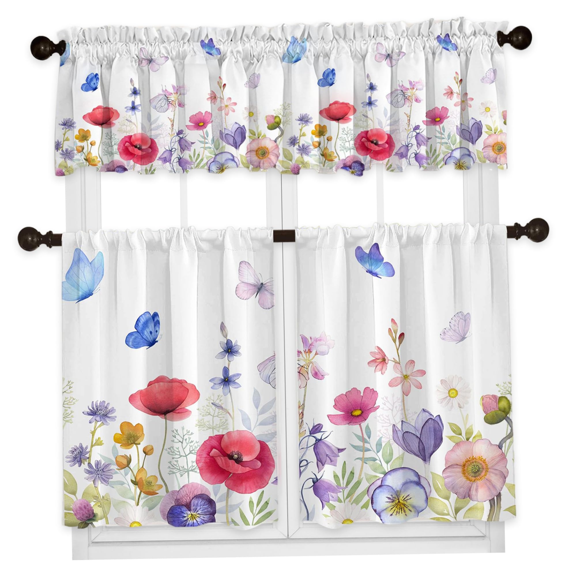 Xoeryoy Kitchen Curtains Sets for, 3-Piece Semi-Sheer Floral Kitchen Curtains and Valances Set with Pole Pocket for Home Decor