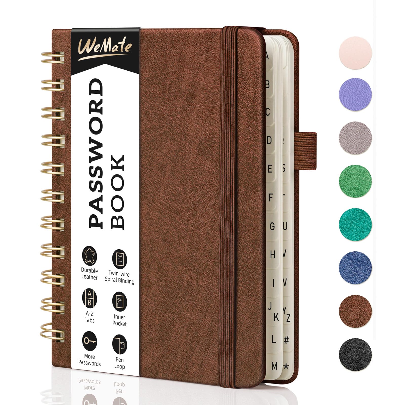 WEMATE Password Book with Alphabetical Tabs, Spiral Password Keeper Book for Seniors, Internet Password Notebook Password Journal Logbook Log in Detail, Small β 4.7''x 6'' (Brown)