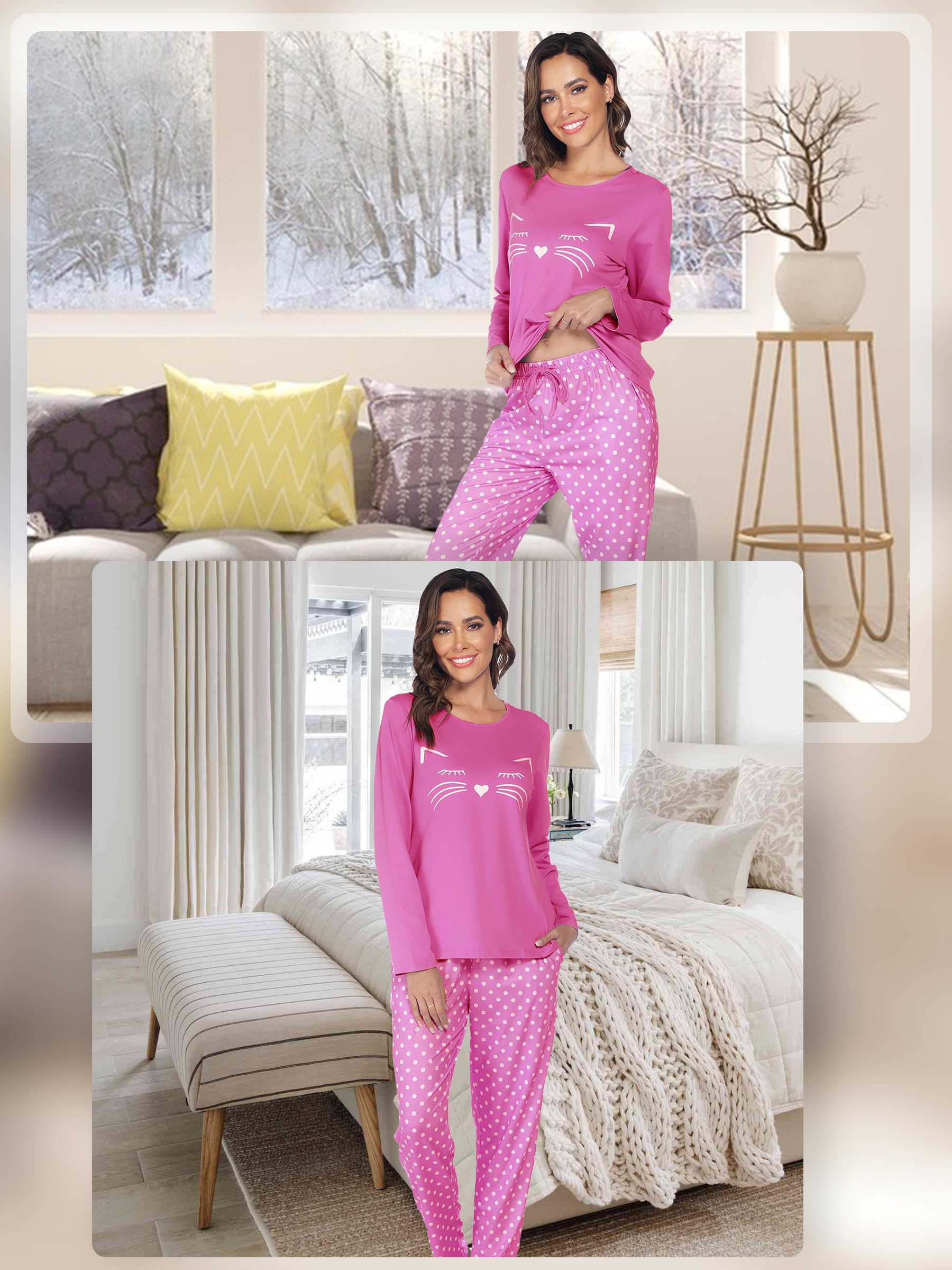 Pyjama Femme Coton Ensembles de Pyjama Femme Hiver Chaud Haut Col Rond Manches Longues et Bas de Pyjama à Carreaux Vêtements de Nuit 2 Pièces Confortable Détente