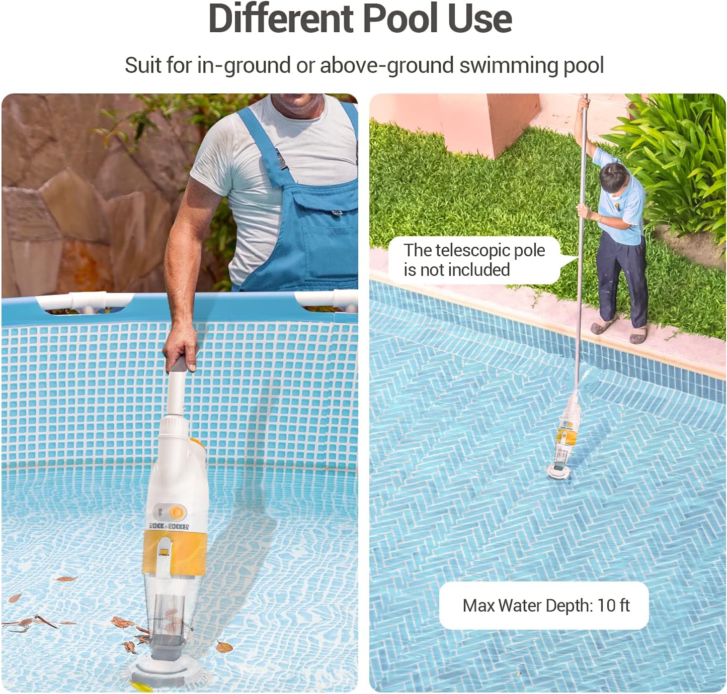 Upgraded Rock&Rocker Cordless Rechargeable Pool Vacuum Cleaner, Handheld Pool Cleaner, with Side Bristles, Double Filters, for Above & In-Ground Pools, Inflatable Pools, Suck Sand, Leaves and Debris