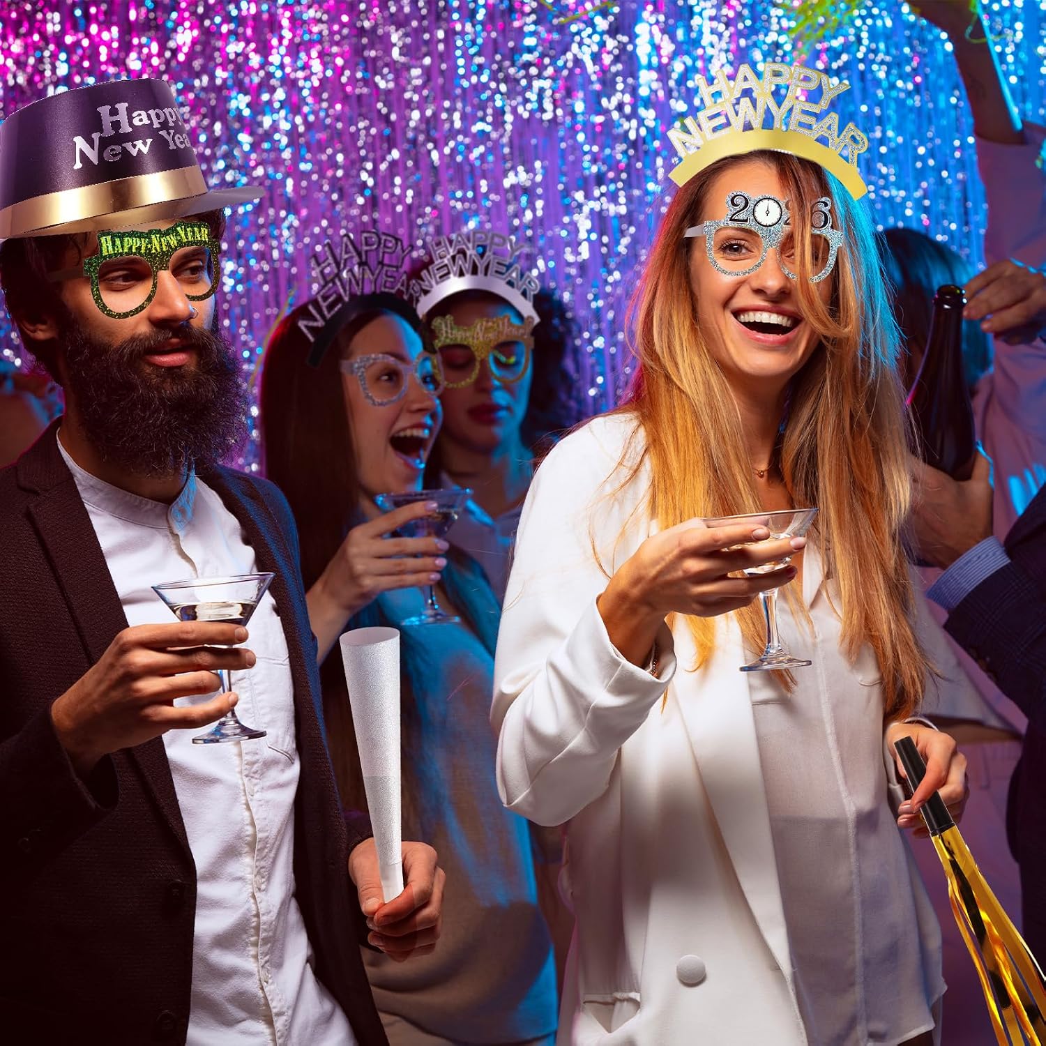 Sratte 36 Pcs 2026 New Year Eve Party Supplies Kit, New Year Eve Party Decorations 4 Colored Hats 6 Eyeglasses 6 Top Tiaras 8 Blowing Horns 12 Squawkers