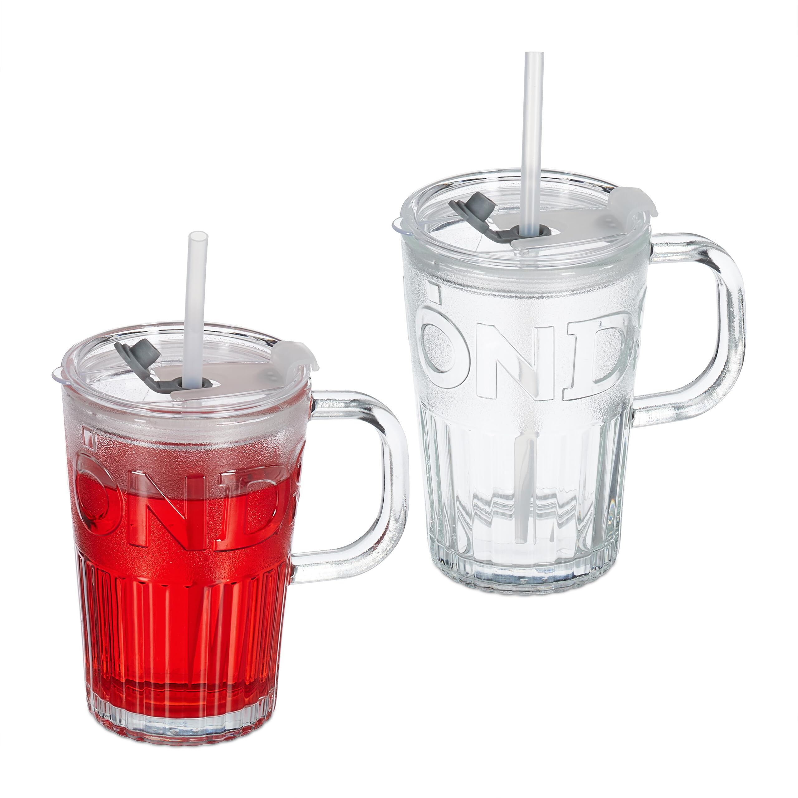 Relaxdays Set of 2 Glass Cups, Drinking Glasses with Lid & Straw & Handle, Vol. 450 ml, Transparent