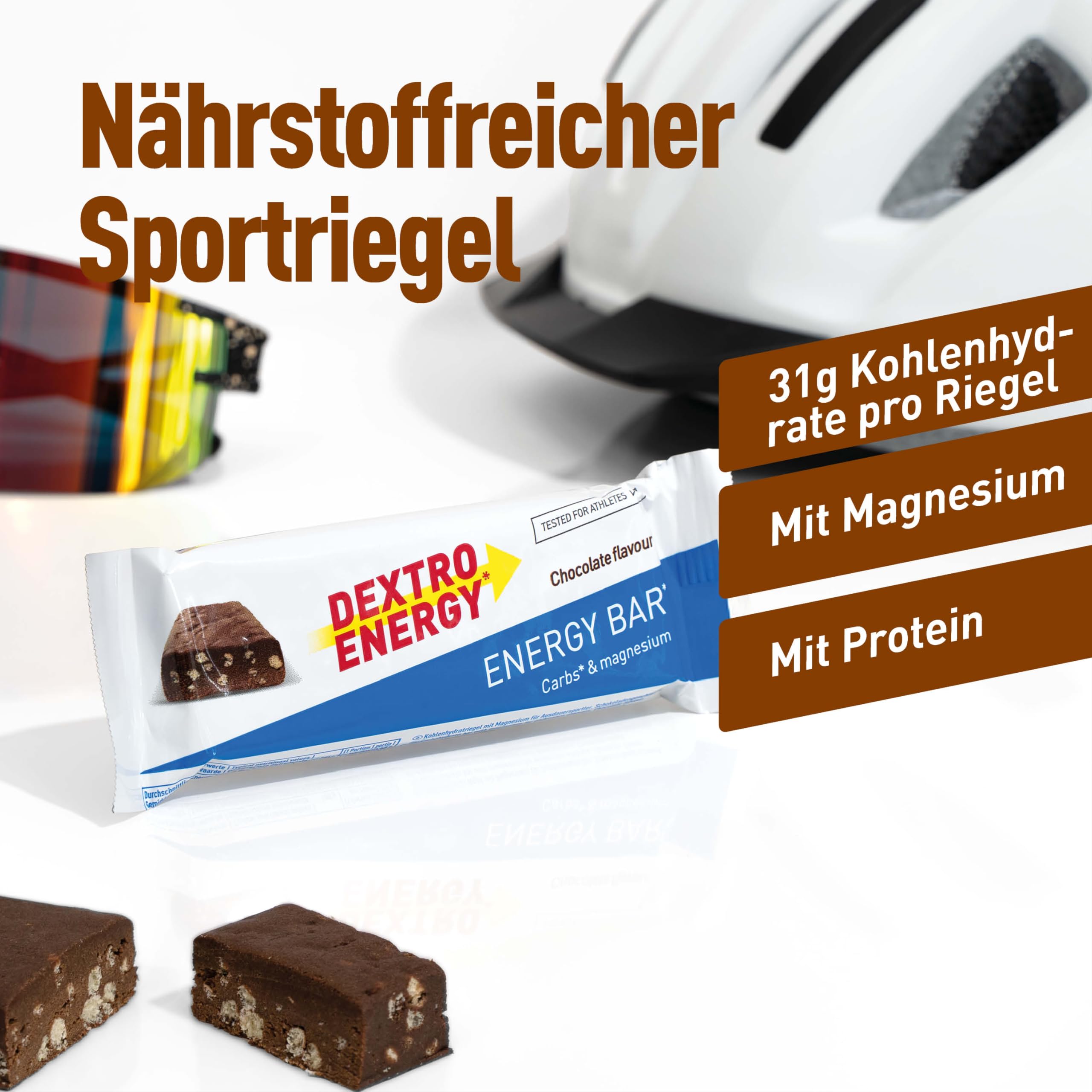 Dextro Energy Energieriegel Schokolade mit Protein Crispies 24x50g Vorteilspack – Powerriegel mit 81 mg Magnesium pro Portion