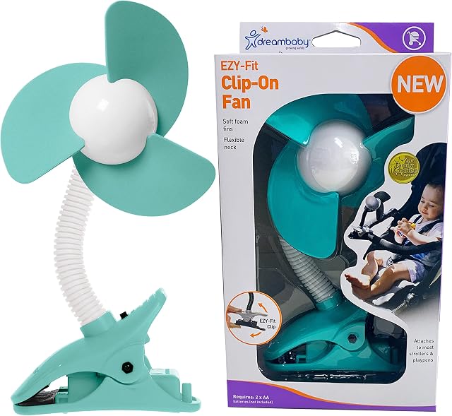 Dreambaby Soft Foam Fin and Free Standing Adjustable Clip-On Stroller Fan | Foldable and Portable Strollerbuddy Fan with Flexible Neck - Aqua - Model G2277 (Batteries not included)