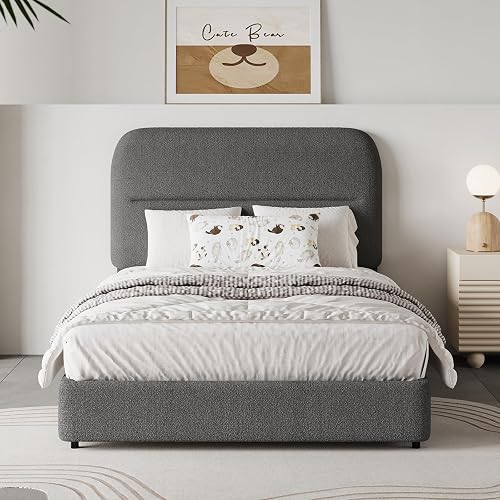 HOMBCK Twin Boucle Bed Frames for Kids with Upholstered Headboard, Grey | Soft Cloud Fabric, Modern Twin Size Bed Frames with Thickened Footboard, Rounded Corners, No Box Spring Needed, Easy Assembly