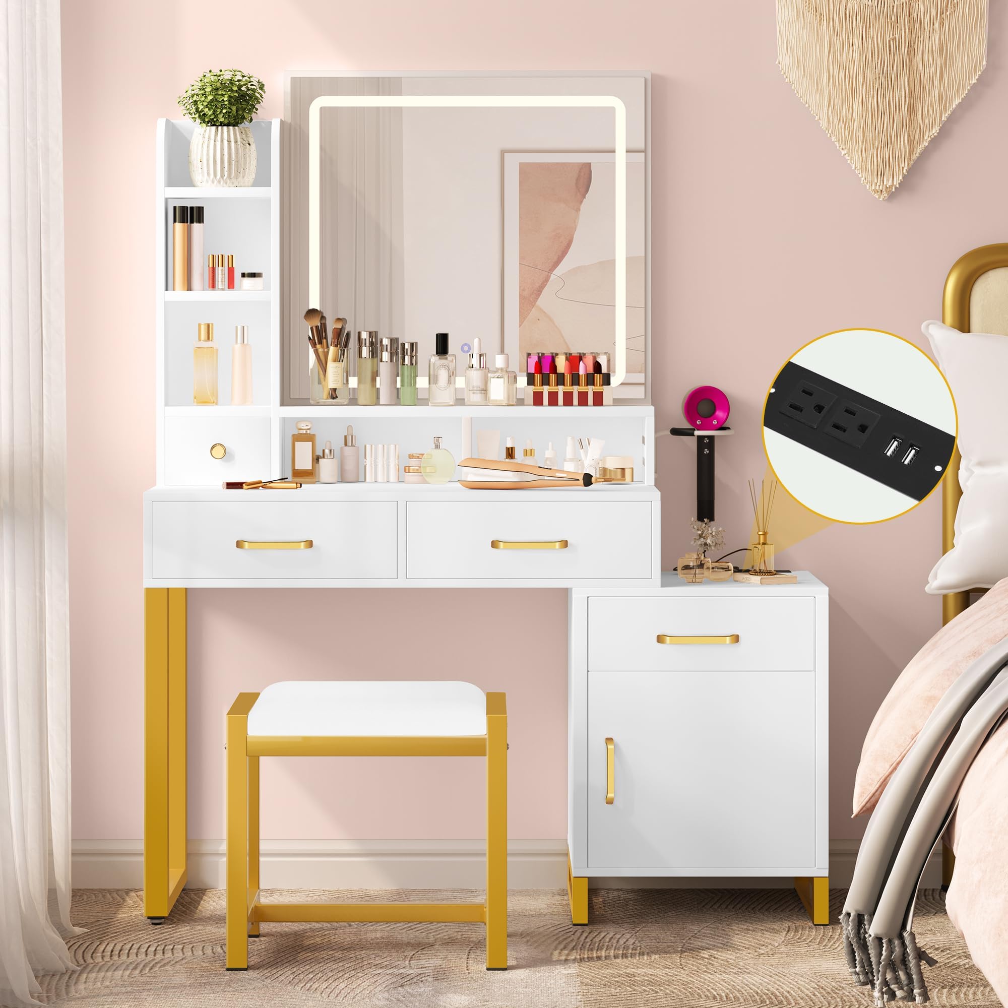 Wanttii Vanity Desk with Mirror and LED Lights, Vanity Makeup Desk with Sliding
