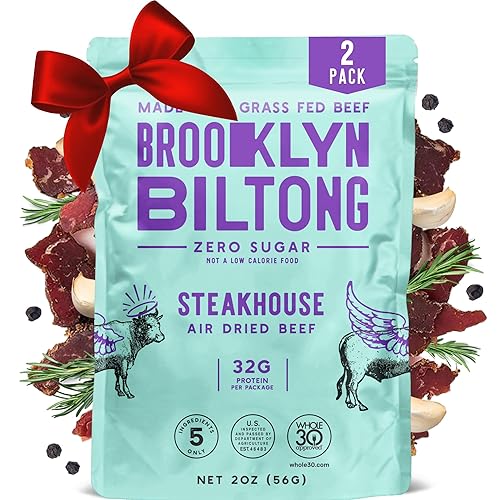 Brooklyn Biltong Bocadillo de carne alimentada con pasto secado al aire, carne seca sudafricana (2 onzas, paquete de 2)  aprobado por Whole30,