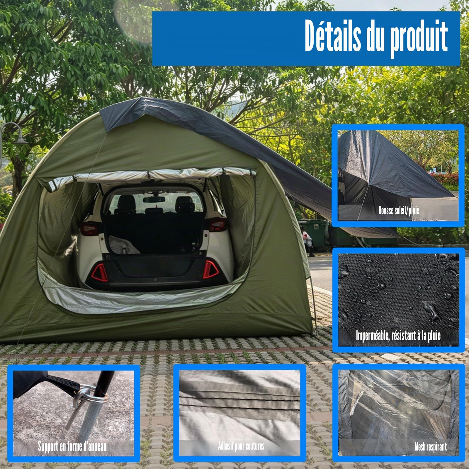 Tente D'auvent de Voitures, 300cm*150cm*210cm Tente de hayon Voiture Peut accueillir 2-3 Personnes Tente de hayon de Voiture Tente Hayon Voitures de étanche de Protection Solaire (Verde)