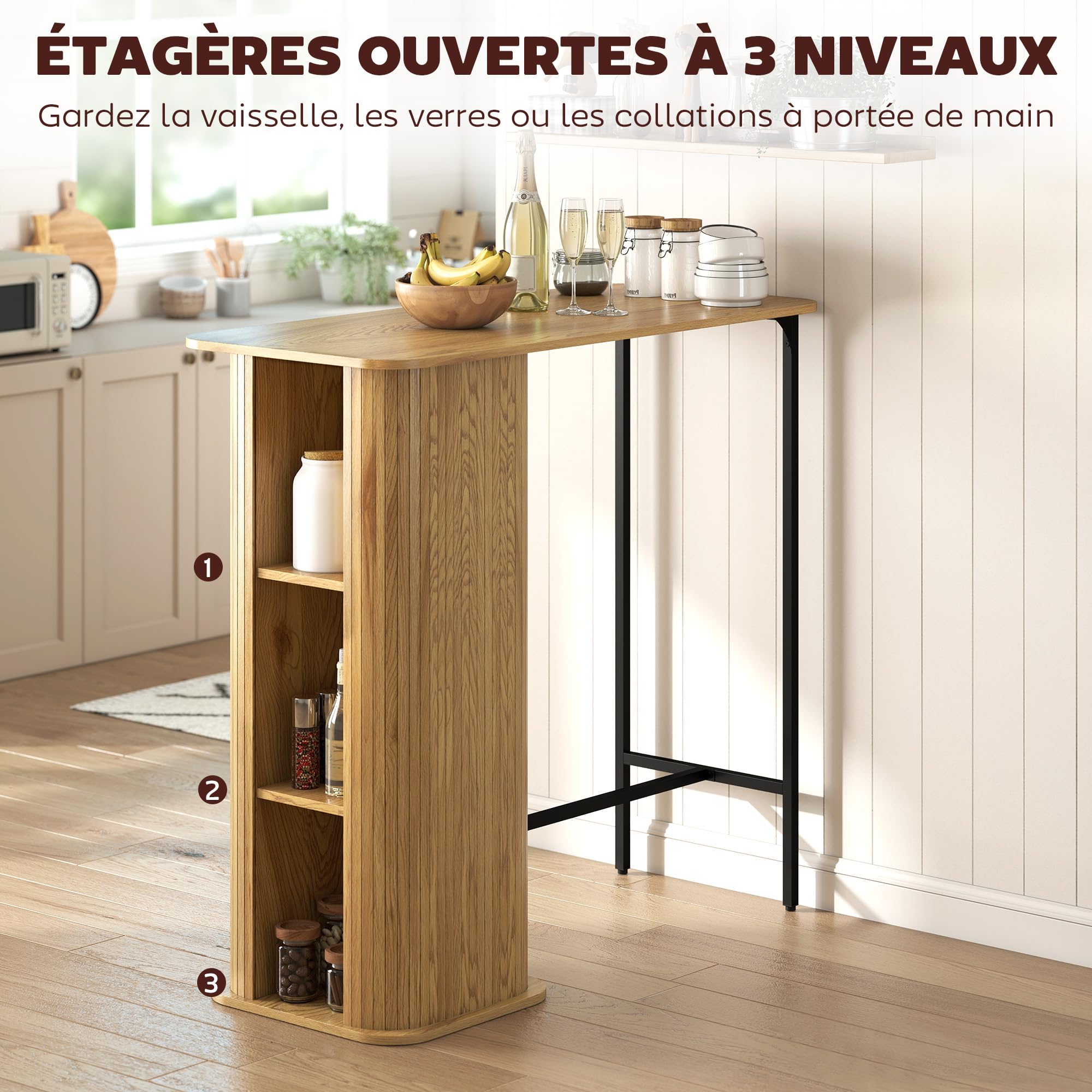 HOMCOM Table de Bar avec 3 étagères, Table Haute Mange Debout pour 2 Personnes, Style scandinave, Design à Lattes et Pieds en métal, pour Petits espaces, Cuisine, Salon, 112x50x106cm, Bois Naturel