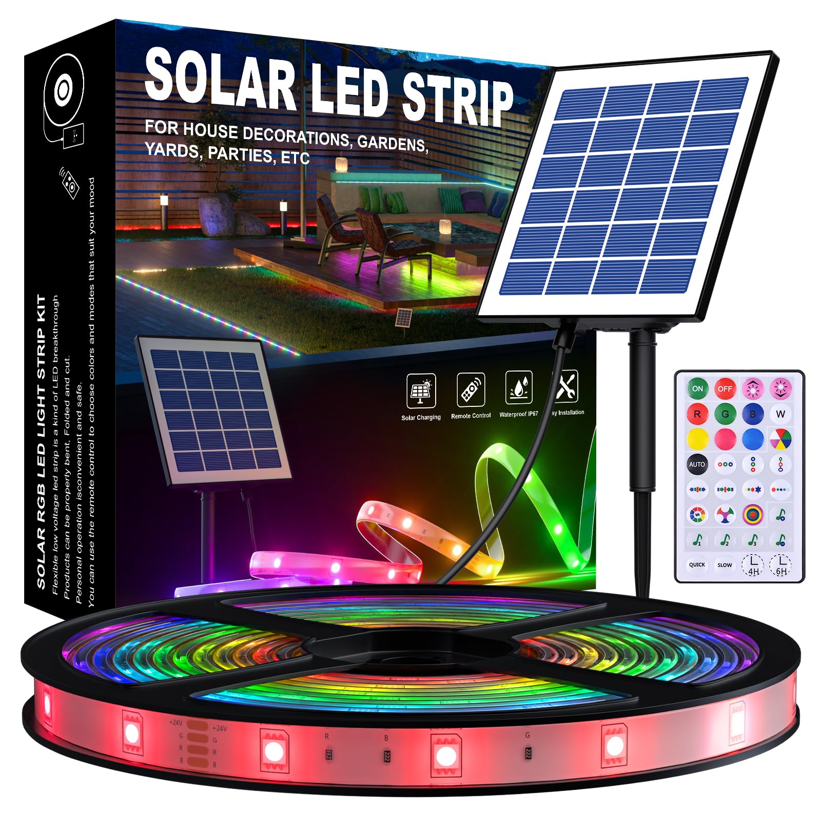 Solar LED Strip Outdoor, 5M SMD 5050 LED Lights, Solar Powered RGB+IC Colour Changing LED Strip, IP67 Waterproof Decorative Lights for Yard Trees Garden