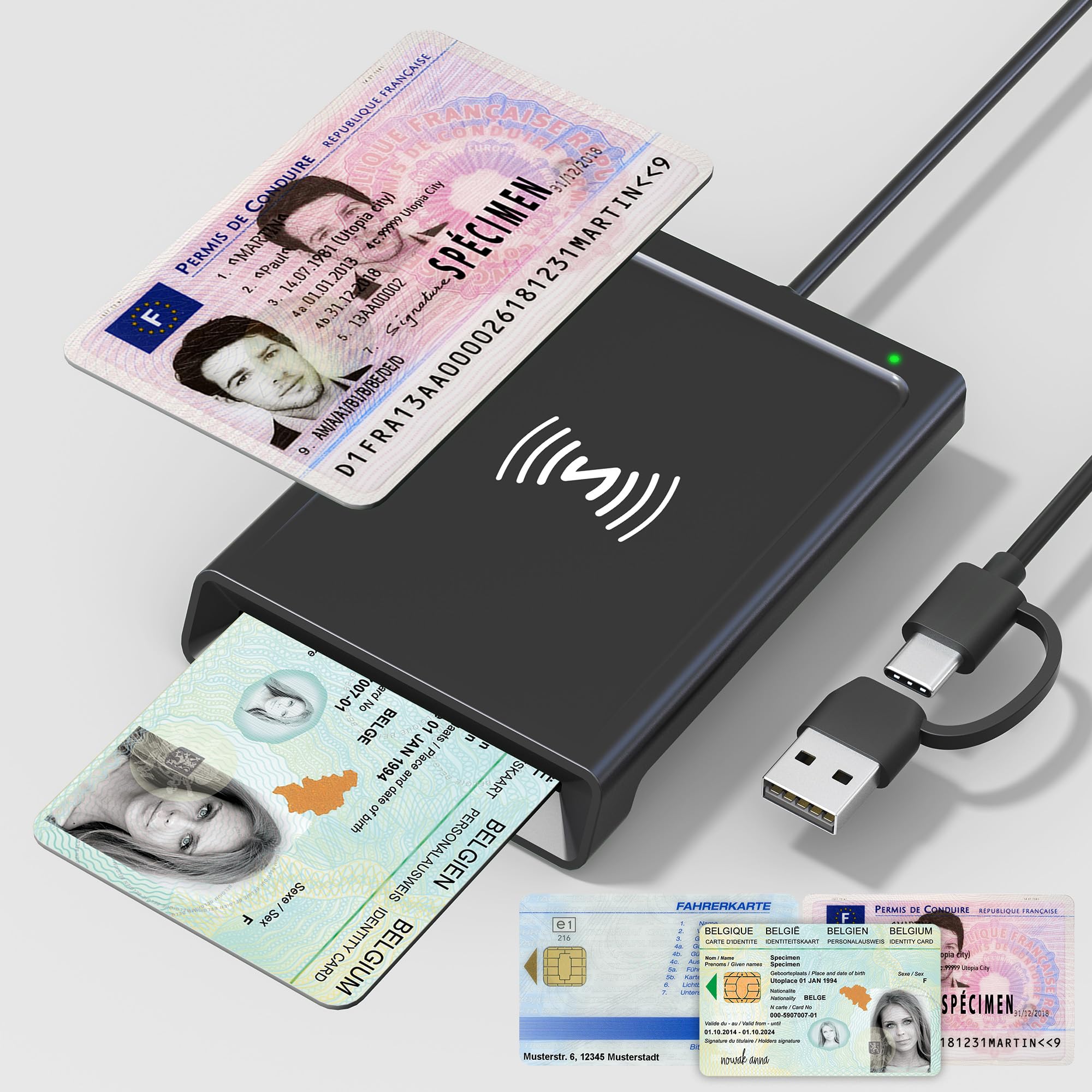 Lecteur de Carte Identité Belge & Française avec NFC - Lecteur de cartes Type-C/USB pour Carte Vitale CPS/Chronotachygraphe/Conducteur poids lourds/Digitale Signature, Conforme ISO 14443-4 et ISO 7816