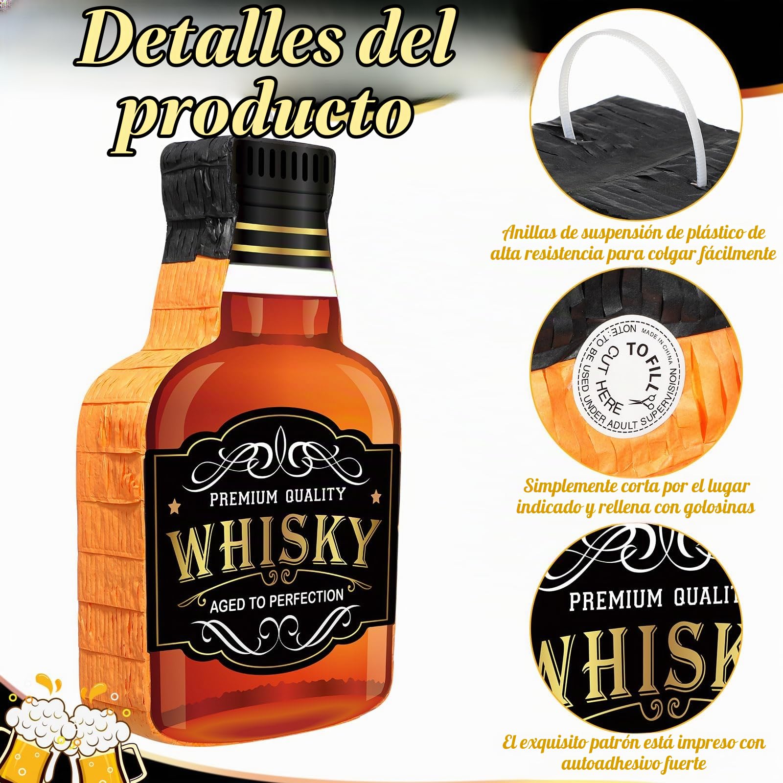 Panelee Piñata con Palo Venda de Ojos Borla Confeti para Adultos Piñata de Jarra Cerveza Botella Tequila Whisky Champán para Despedida Soltero Cumpleaños (Whisky)