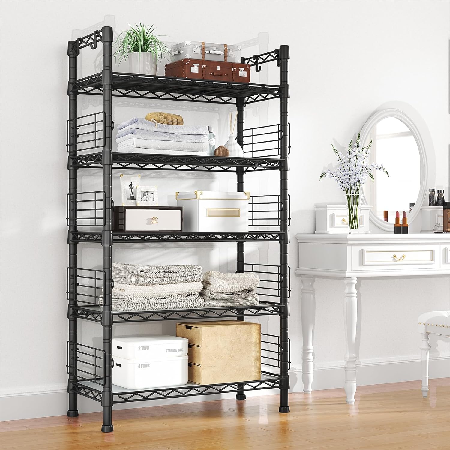 FUTASSI Large Metal Storage Rack, Storage Organizer Shelves for Kitchen, Bathroom, Living Room, Balcony and Garage, 5 Tiers Narrow Bookshelf, 29.5" W x 9.4" D x 59.2" H, Load 480lbs, Black