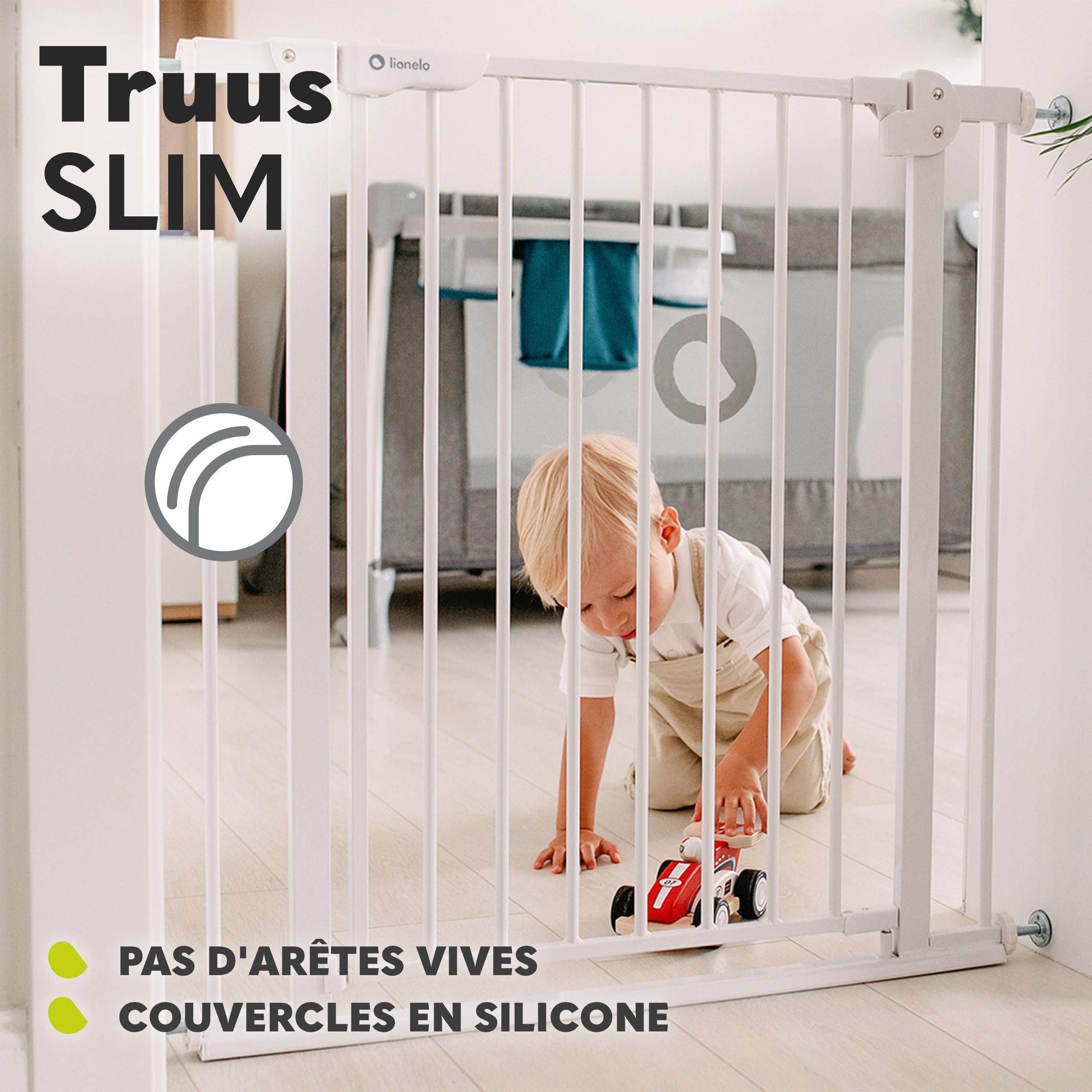 Lionelo Truus Slim Barrière de Sécurité Enfant et Chien 75-105 cm, Barrière Escalier et Porte à Pression sans Perçage, Fermeture Automatique, AutoStop, Double Verrouillage, Ouverture Double Sens