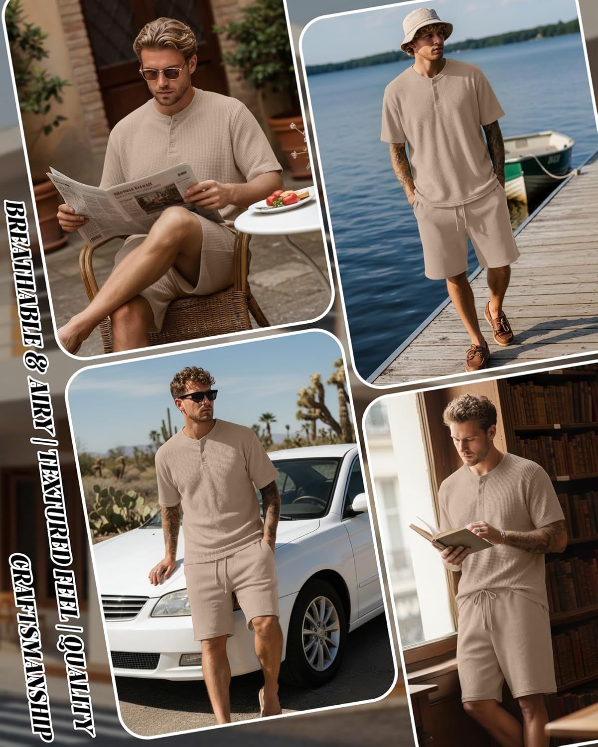 August Alley Men's 2 Piece Outfits Casual Shirt and Shorts Set Waffle Short Sleeve Henley Summer Tracksuit with Pockets