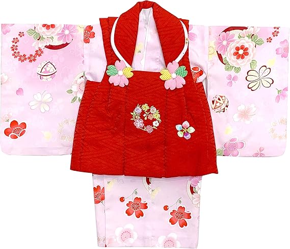 Amazon Co Jp 京都室町st 赤ちゃん 着物 初節句 女の子 被布コート 二部式着物 セット 合繊 赤ｘピンク 鞠と花 Hfg129 服 ファッション小物