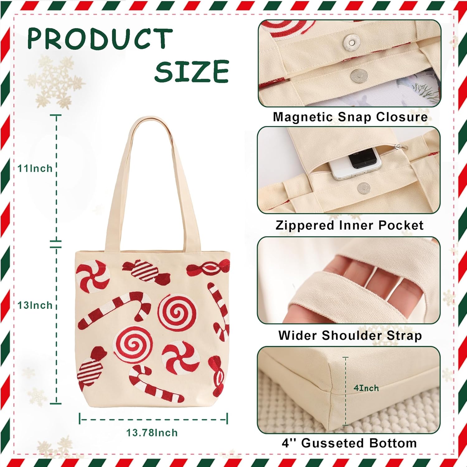 Christmas Embroidery Canvas Tote Bag Cute Reusable Christmas Gift Bags for Winter Holiday Shopping Grocery - Image 4