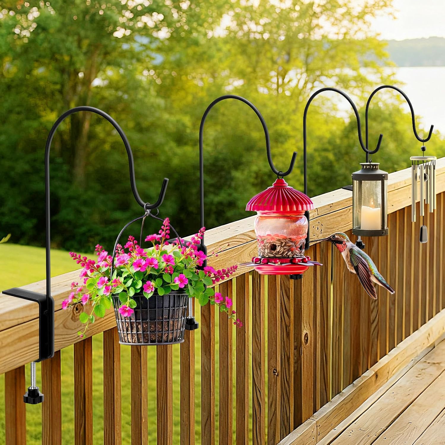 4 Pcs 11 Inch Deck Hook for Bird Feeder Deck Railing Plant Hanger with 3 Inch Strengthened Clamp Adjustable Outdoor Plant Holder for Hanging Bird Feeder Flower Pot Birdhouse