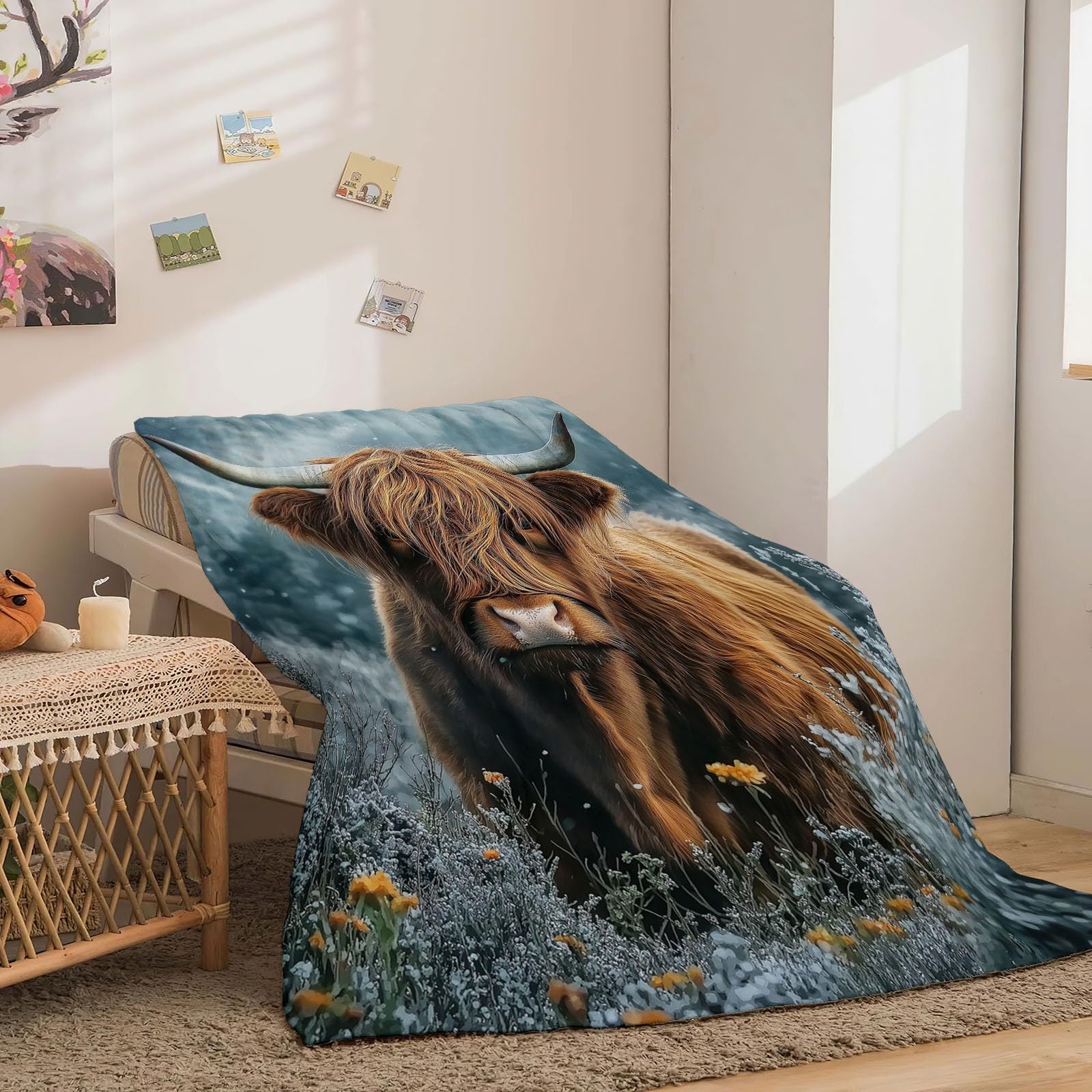 Manta Franela para Cama Manta para Sofá Suaves 100% Microfibra Grande Broncearse Flannel Blanket Animales Ganado de Las Tierras Altas Flores Manta Invierno Calentitas 220 x 240 cm
