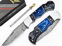 Vista 1 de Cuchillo de bolsillo de damasco Lara Eagle para hombres - Cuchillo plegable de caza de 133 capas de acero sólido hecho a mano con afilador y funda