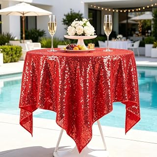 Red Sequin Tablecloth 36x36 Inch Square Glitter Table Cover for Round Table | Glitter Wedding Decoration, Sequin Fabric Overlay, Small Card Table Cloths for Holiday, Baby Shower, Birthday Party Supplies