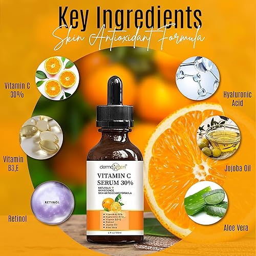 Miniatura 6 de DERMAXGEN 30 suero de vitamina C para cara ácido hialurónico  vitamina B3  E  jojoba  aloe vera- natural y orgánico antiarrugas y rejuvenecedor de