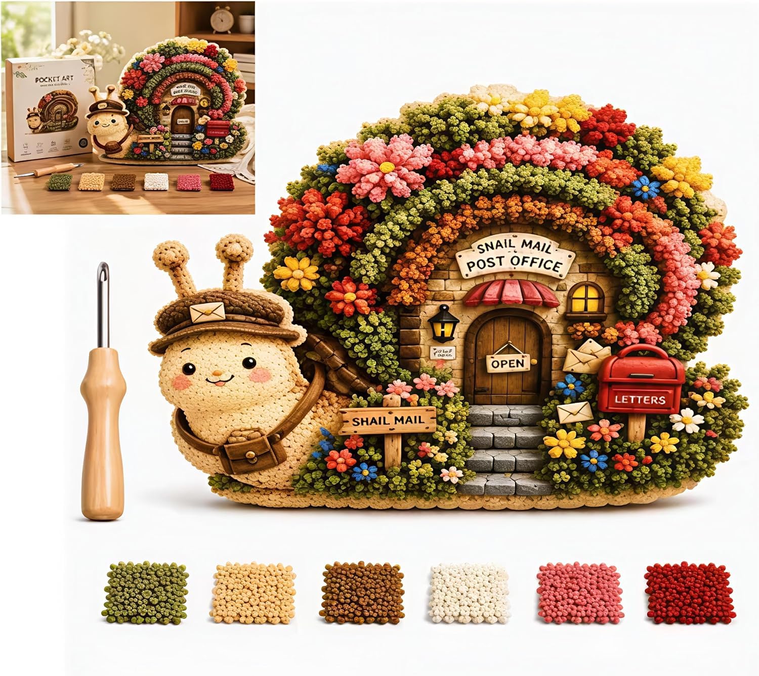 Whimsical Village 3D Fabric Poke Art Kit, Floral Mushroom Cottage,Creative Craft Set,Home Decor Craft Holiday Gift, DIY Handmade Hobby Gift for Adult Beginners，Snail