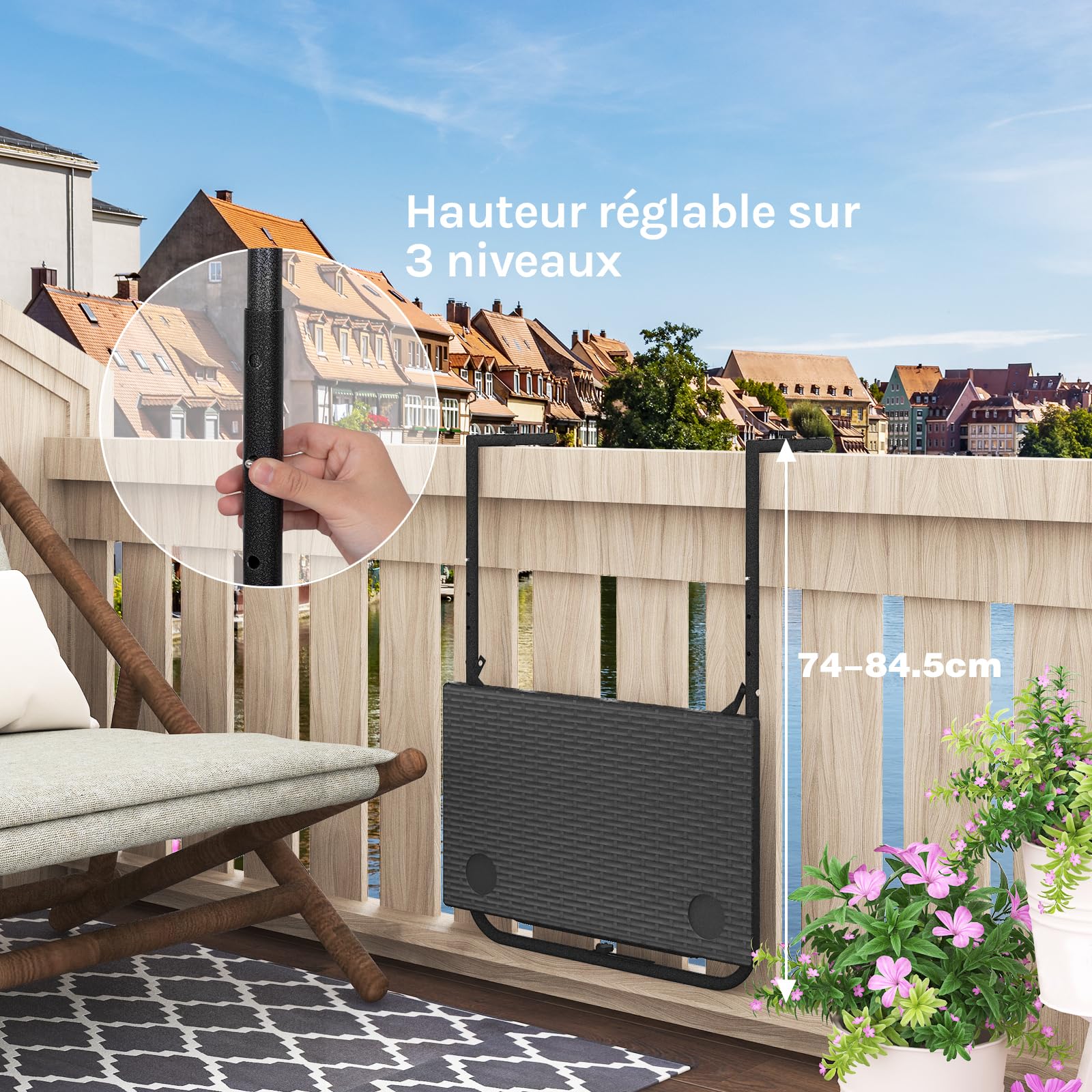 WOLTU Table de Balcon Rabattable et Suspendue, Table Exterieur Pliante avec 3 Hauteurs Réglables, en Aspect Rotin, Cadre en Métal, Noir